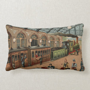 Coussin Rectangle Scène vintage de train et de station de vapeur