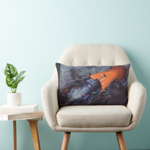 Coussin Rectangle Science-fiction vintage, fusée lunaire décolle