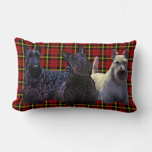 Coussin Rectangle Scottish Terrier noir/roux, plaid rouge profond