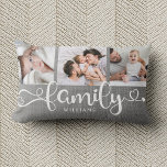 Coussin Rectangle Script familial moderne Linge rustique 3 Collage p<br><div class="desc">Coussin photo collage personnalisé moderne avec espace pour 3 photos entourant un script tourbillonnant tendance lisant FAMILY et votre nom personnalisé ci-dessous. Il s'agit de la version de la ferme avec le burlap de lin imprimé gris.</div>