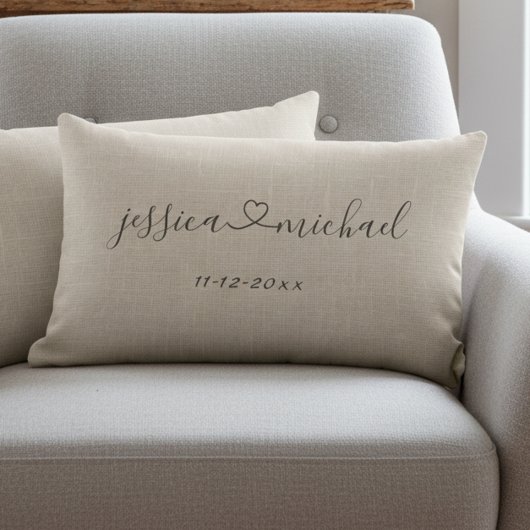 Coussin Rectangle Scripts cursifs Rustiques Nom du coeur Mariage Dat