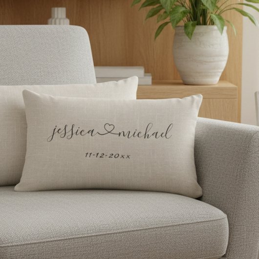 Coussin Rectangle Scripts cursifs Rustiques Nom du coeur Mariage Dat