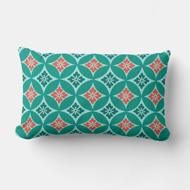 Coussin Rectangle Shippo avec Motif Fleur, Turquoise et Coral (Recto)
