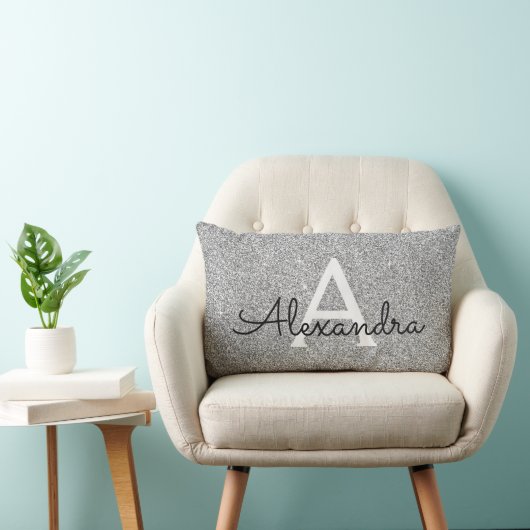 Coussin Rectangle Silver Sparkle Glitter Monogram Name & Initial (Chaise)