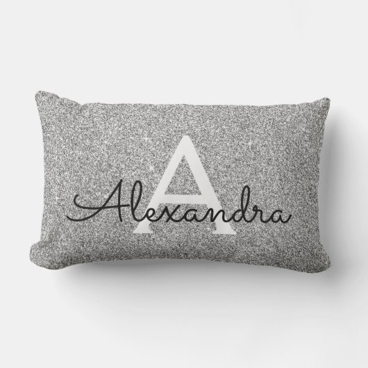 Coussin Rectangle Silver Sparkle Glitter Monogram Name & Initial (Recto)
