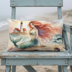 Coussin Rectangle Sirène à l'aquarelle au bord du phare