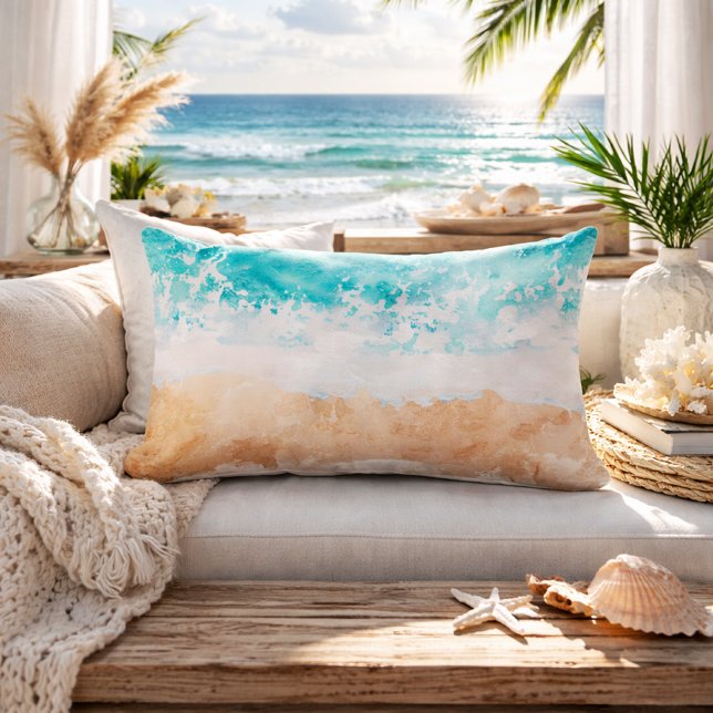 Coussin Rectangle Soft Gradient Coastal Sandy Beach Teal Ocean Waves (soft gradient sandy beach waves lumbar pillow)