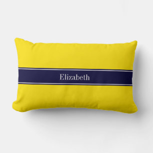 Coussin Rectangle Solid Yellow, Navy Blue Ribbon Monogram