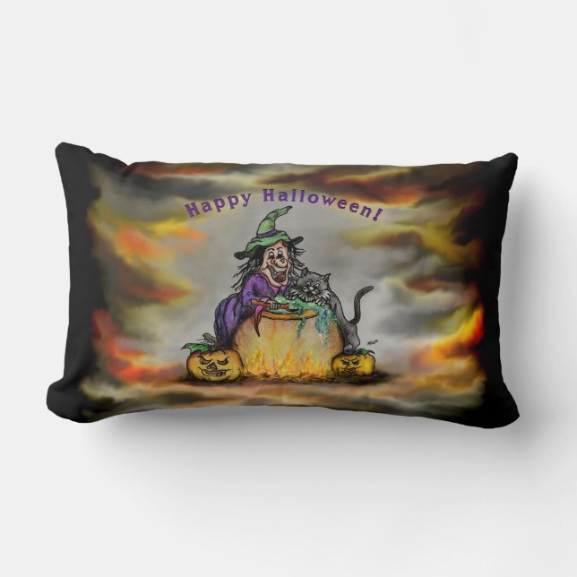 Coussin Rectangle Sorcière et chat noir, Happy Halloween ! (Recto)