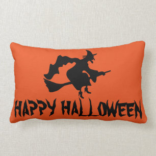 Coussin Rectangle Sorcière heureuse de Halloween avec son jet orange
