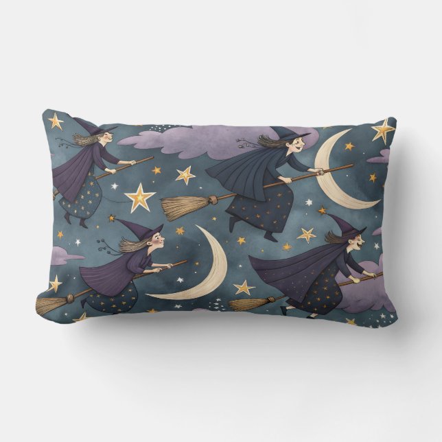 Coussin Rectangle Sorcières volant sur des balais avec étoiles et lu (Recto)