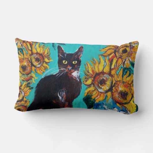 COUSSIN RECTANGLE SOUCHES AVEC CHAT NOIR EN TURQUOISE BLEUE (Verso)