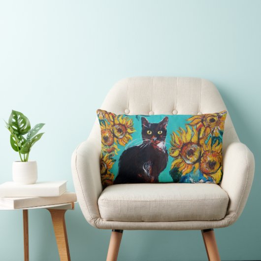 COUSSIN RECTANGLE SOUCHES AVEC CHAT NOIR EN TURQUOISE BLEUE (Chaise)