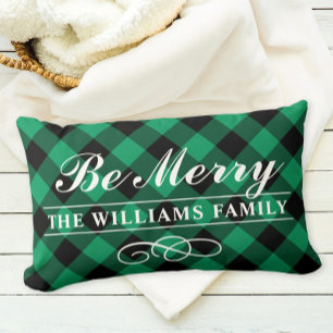Coussin Rectangle Soyez Joyeux Vert Buffalo Plaid Famille Monogramme