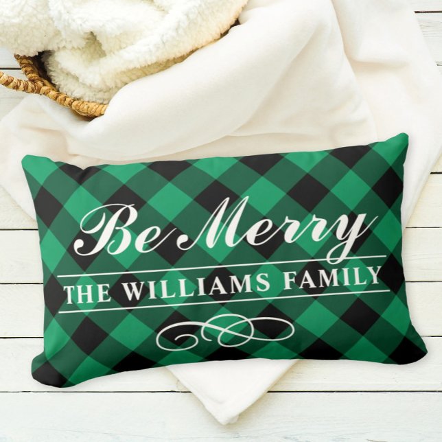 Coussin Rectangle Soyez Joyeux Vert Buffalo Plaid Famille Monogramme (Créateur téléchargé)