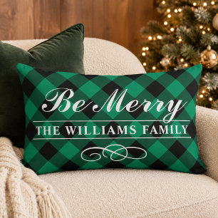 Coussin Rectangle Soyez Joyeux Vert Buffalo Plaid Famille Monogramme