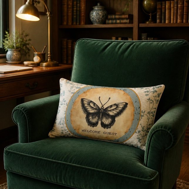 Coussin Rectangle Spécimen Papillon Vintage Vert Sauge Bienvenue (Créateur téléchargé)