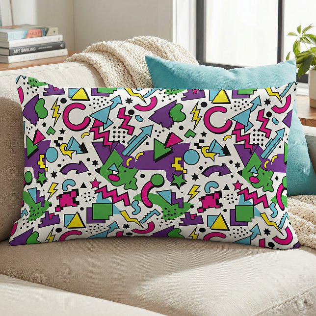 Coussin Rectangle Style Memphis Violet Turquoise Vert Rétro 90s (Créateur téléchargé)
