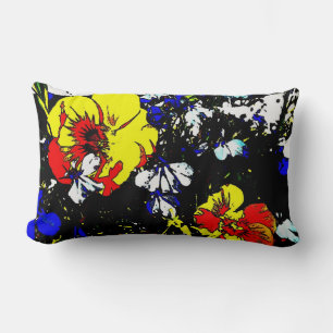 Coussin Rectangle style pop art rouge jaune bleu et blanc fleurs