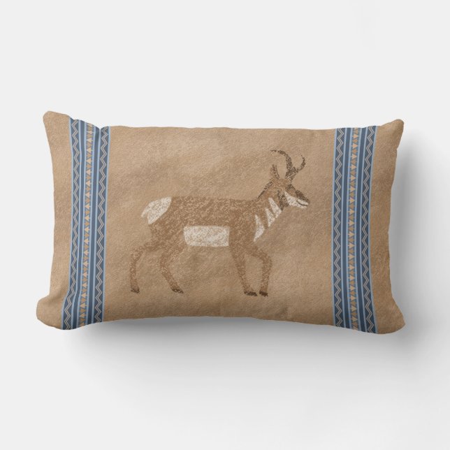 Coussin Rectangle Sud-Ouest Pronghorn Marcher Antelope Bordure Bleue (Recto)