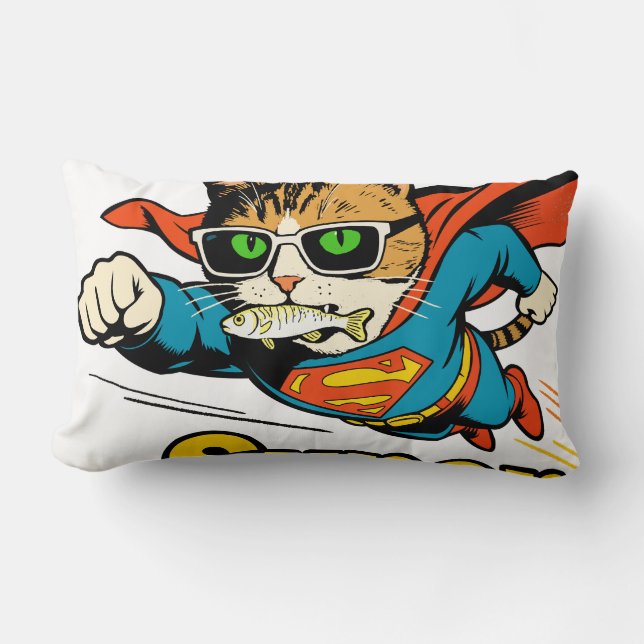Coussin Rectangle Super Chat Volant avec Poisson  (Recto)