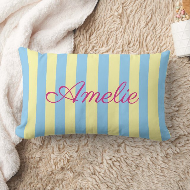 Coussin Rectangle Sur mesure bleu clair, jaune et rose rayé  (Couverture)