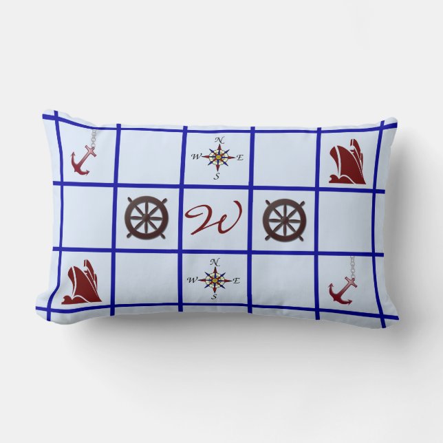 Coussin Rectangle Symboles nautiques décorés d'un monogramme (Recto)