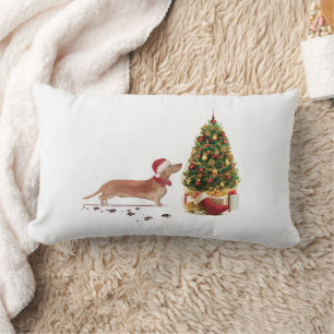 Coussin Rectangle Tan Dachshund Funny Chien de Noël avec arbre