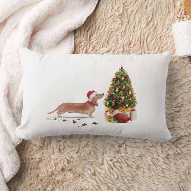 Coussin Rectangle Tan Dachshund Funny Chien de Noël avec arbre (Couverture)