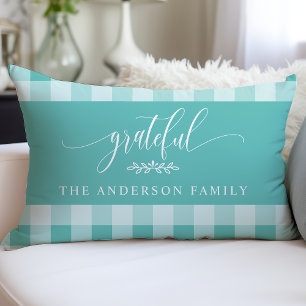 Coussin Rectangle Teal & White Buffalo Check Grateful Personnalisé