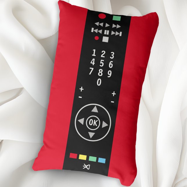 Coussin Rectangle Télécommande de télévision rouge et noir drôle et  (A funny novelty lumbar pillow in red and black, with remote control design, ideal for tech lovers)