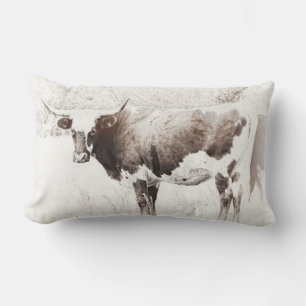 Coussin Rectangle Texas longhorne de style vintage vache sepia rusti