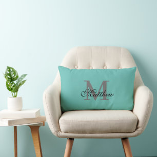 Coussin Rectangle Texte initial et nom personnalisé turquoise
