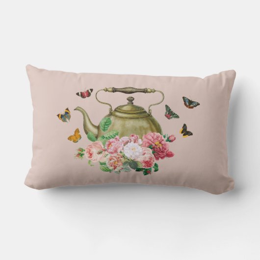 Coussin Rectangle Théière Fête Rose Floral & Papillons Bouilloire (Verso)