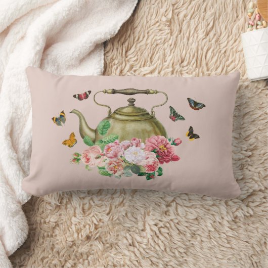 Coussin Rectangle Théière Fleurs Roses et Papillons (Couverture)