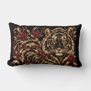 Coussin Rectangle Tigre doré & Roses rouges Art floral