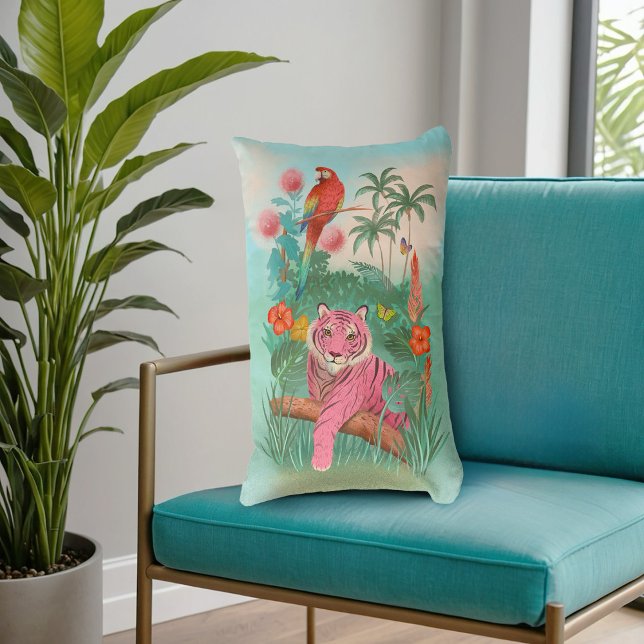 Coussin Rectangle Tigre rose et perroquet dans la jungle tropicale (Créateur téléchargé)