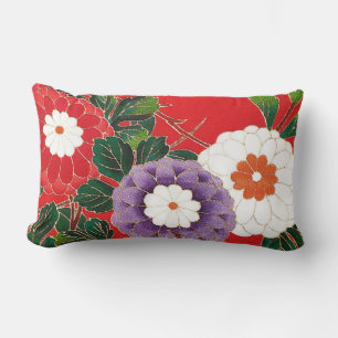 Coussin Rectangle Tissu Japonais Vintage - Dahlias Rouges
