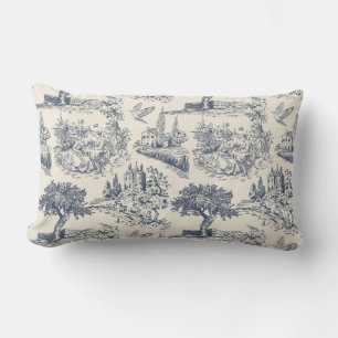 Coussin Rectangle Toile Bleue Romantique de Jouy, style champêtre fr