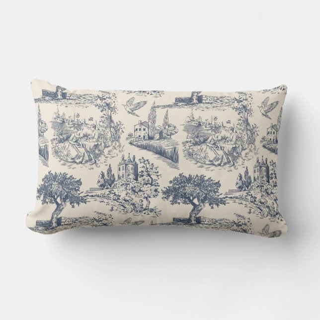 Coussin Rectangle Toile Bleue Romantique de Jouy, style champêtre fr (Recto)