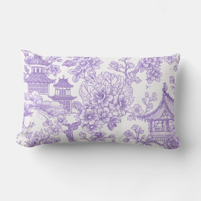 Coussin Rectangle Toile de chinoiserie violette dragon fleur de ceri (Recto)