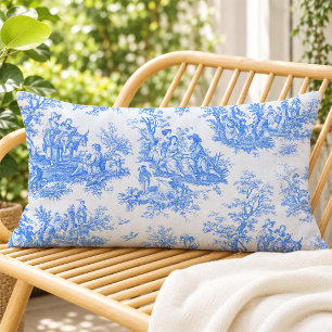 Coussin Rectangle Toile de Jouy florale bleue turquoise vintage