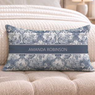 Coussin Rectangle Toile Florale Damassée Monogramme Bleu Vintage