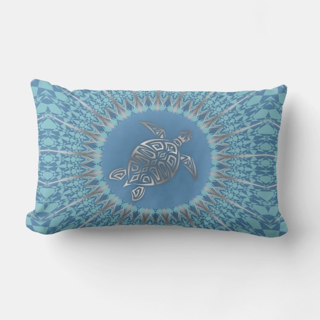 Coussin Rectangle Tortue Bleue Argent Et Mandala (Recto)