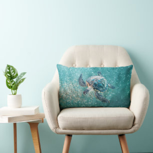 Coussin Rectangle Tortue de mer turquoise scintillante Côté mer