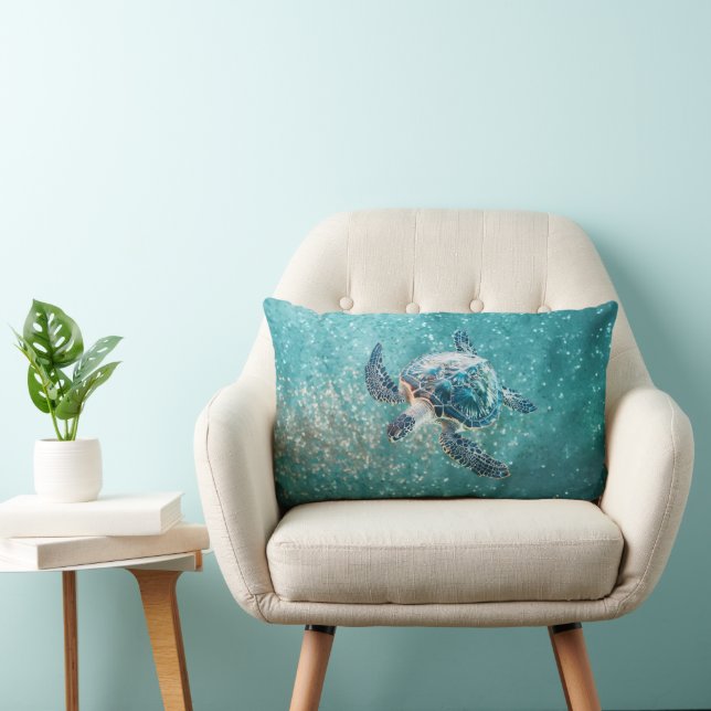 Coussin Rectangle Tortue de mer turquoise scintillante | Côtière (Chaise)