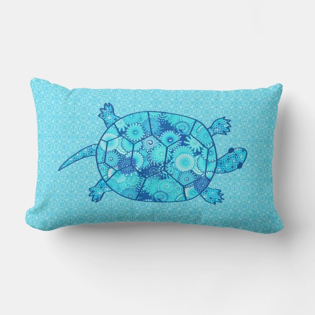 Coussin Rectangle Tortue tourbée fractale - cobalt et bleu turquoise (Recto)