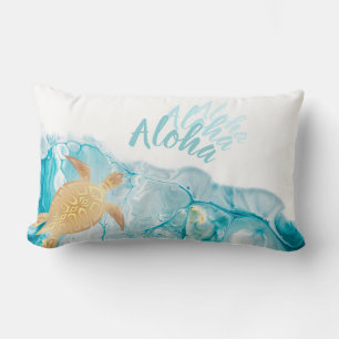 Coussin Rectangle Tortues dorées Texte Aloha encre bleue