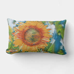 Coussin Rectangle Tournesol Vintage Aquarelle Fond Vert Bleu