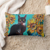 COUSSIN RECTANGLE TOURNESOLS AVEC CHAT NOIR EN TURQUOISE BLEU (Couverture)